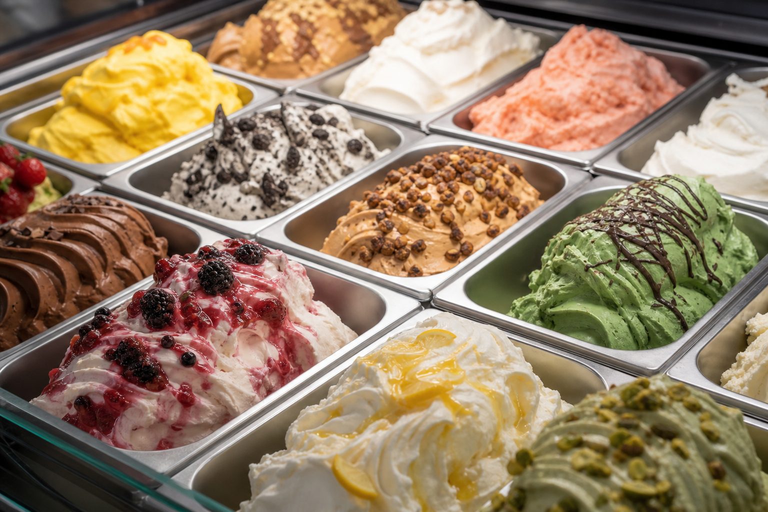 Colorful gelato scoops in the Baker Street parlor display